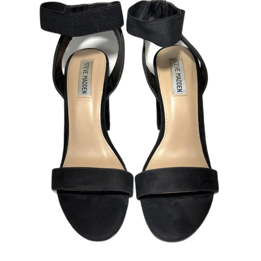 Steve Madden Women’s Velvet Black Block Heel Ankle Strap Leather Sandals Size 9